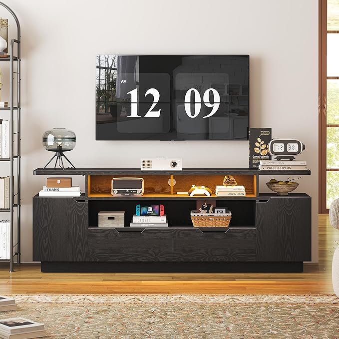 IRONCK TV Stand for TVs 85 inch with Power Outlet and LED Lights, Entertainment Center with Storage Cabinets, Media TV Console with Drawers, Modern TV Stand for Living Room, Black