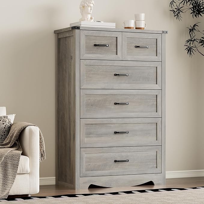 Tall 6-Drawer Dresser for Bedroom, Modern Wooden Chest of Drawers with Metal Handles, Anti-Tipping Design, Sturdy and Stable Storage Organizer for Living Room, Entryway, Home Office, Standard
