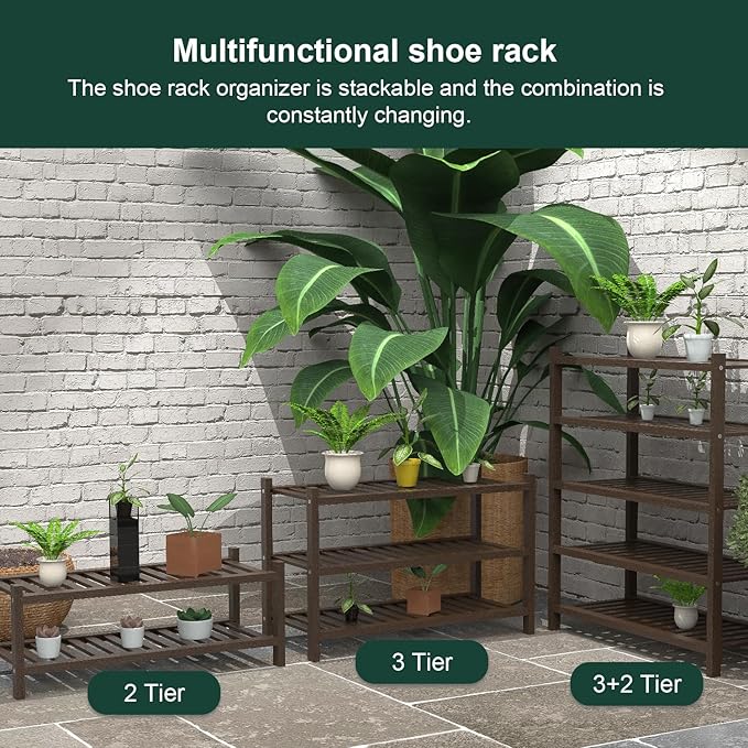 Shoe Rack 5-Tier Organizer Stackable Storage Shelf with Multi-Function Combinations-Free Standing Bamboo Shoe Racks for Closet,Entryway,Hallway,Bathroom,Living Room Shoe Organization (Brown,5-Tier)