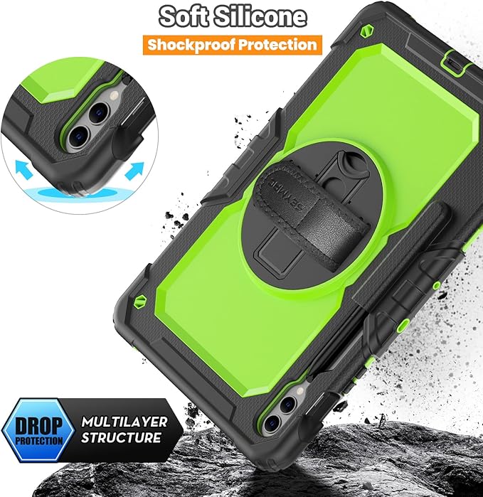 SEYMAC Case for Samsung Galaxy Tab S10+ Plus 2024/S9 FE+/S9+ 12.4" 2023, Heavy Duty Shockproof Protective Case With Screen Protector, Stand, Hand/Shoulder Strap and Pen Holder, Green