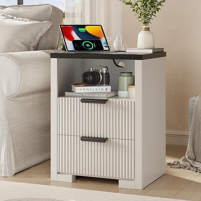 Fluted Nightstand with Charging Station, Night Stand with 2 Drawers, End Table with Storage, Bed Side Table for Bedroom, Modern Nightstand for Living Room, White