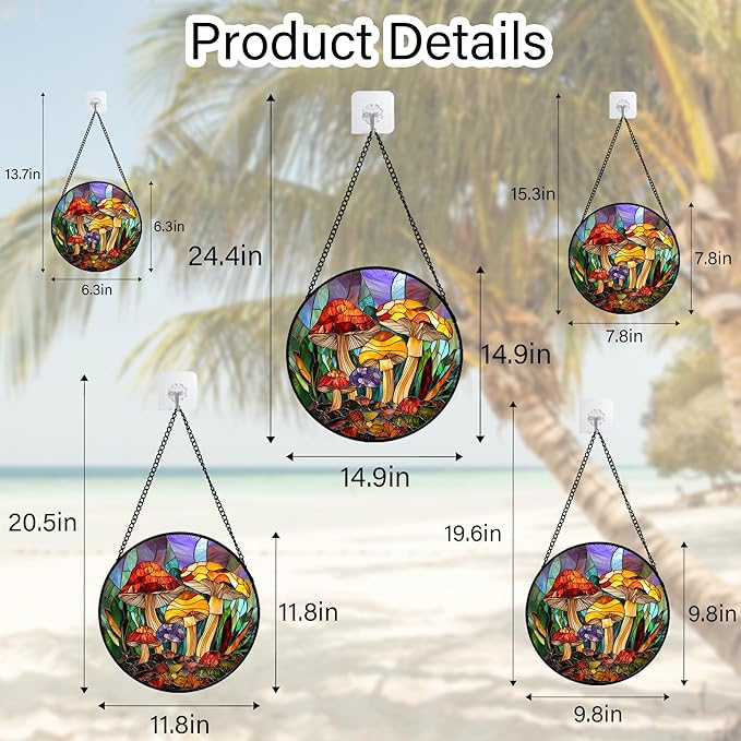 Stained Glass Window Hanging, Jungle Mushrooms Sun Catchers Diamond Glass Panel Hangings Plant Suncatcher Decor for Birthday for Women, Men, Wife, Aunt, and Mom 14.9x14.9 in