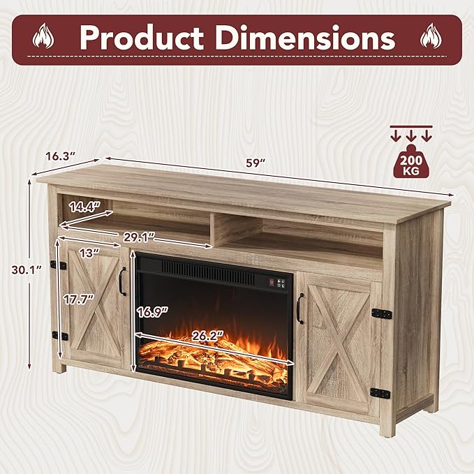 JUMMICO Fireplace TV Stand for TVs Up to 65+ Inch Entertainment Center with Open Storage Shelves and Side Cabinets, Media Console Table with Barn Doors for Living Room (Pale Yellow)