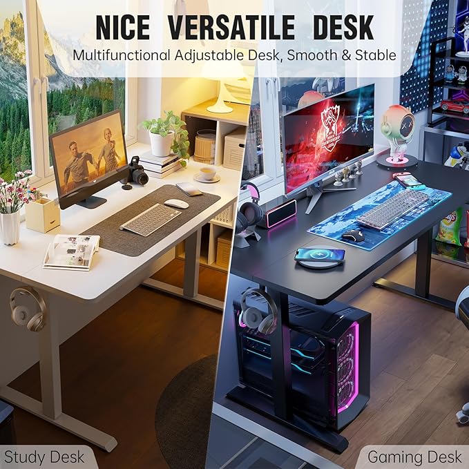 Veken 55 Inch Large Electric Standing Desk,Sit to Stand Up, Heights Adjustable, Work Home Office Computer Table for Study, Walking Pad, Writing, and Games, Wooden Desktop Desks, White