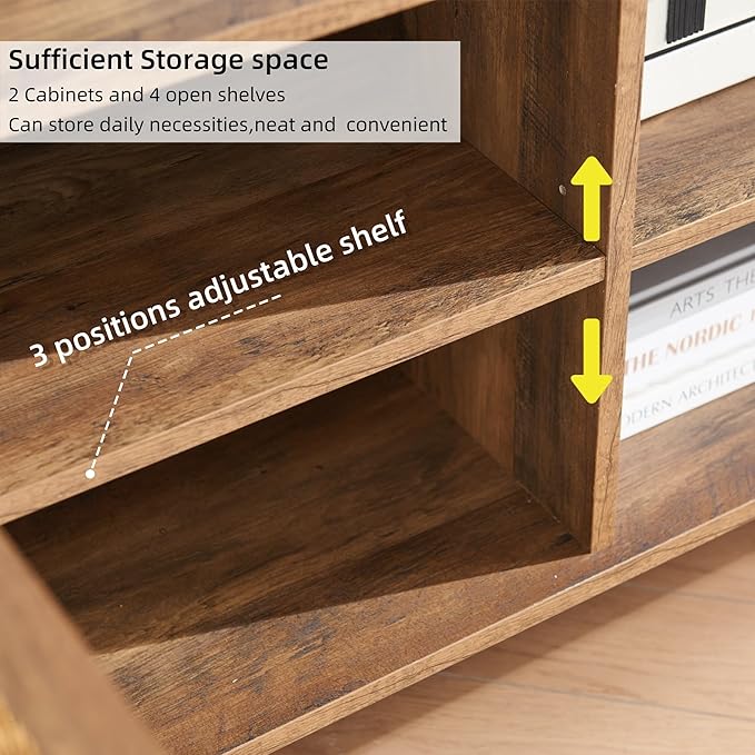 66 Inch TV Stand for 70 Inch TVs, Mid Century Modern Media Console, Long Entertainment Center with Storage Cabinet, Oak Wood Grain Finish for Rustic & Farmhoue Living Room Decor