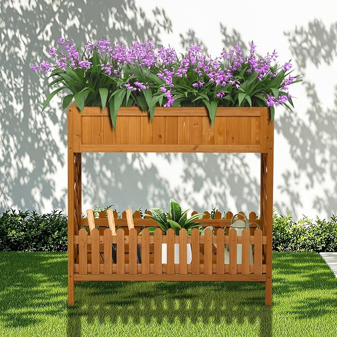 Outvita Raised Garden Bed, 37" L x 13" W x 35" H Wood Planter Box, Outdoor Wooden Elevated Planter Standing Gardening Box with Legs & Storage Shelf for Vegetable Fruits Flower Herb in Patio & Garden