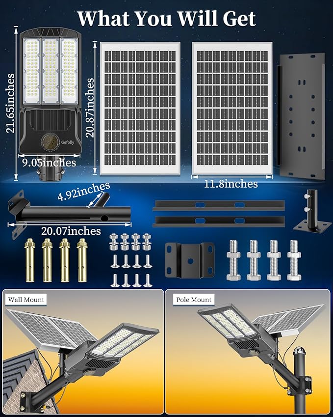 Gefolly SL-9800W Solar Street Light Outdoor 650000LM Wide Angle Commercial Parking Lot Lights Dusk to Dawn 6500K Flood Security Light IP67 Lamp for Basketball Court, Yard, Road