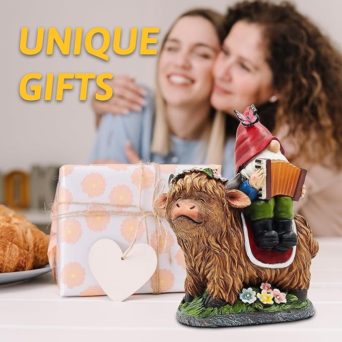 Garden Gnomes Outdoor Statues: 8'' Solar Light Gnome Decor on Highland Cow Play The Accordion Unique Birthday Gifts for Women Mother Grandma