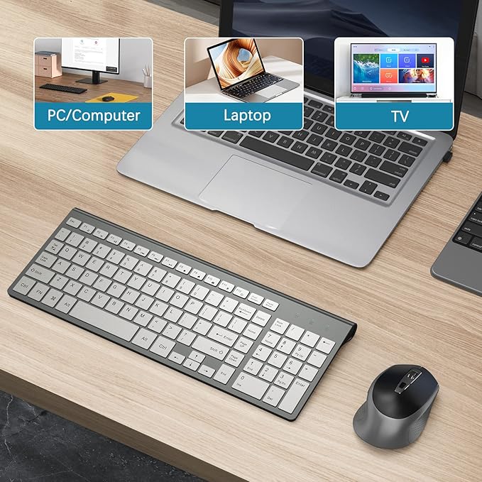 Wireless Keyboard and Mouse, J JOYACCESS Slim and Ergonomic Wireless Keyboard and Mouse Combo,Portable and Comfortable Typing for Laptop/Computer/Desktop/PC-Grey/Silver