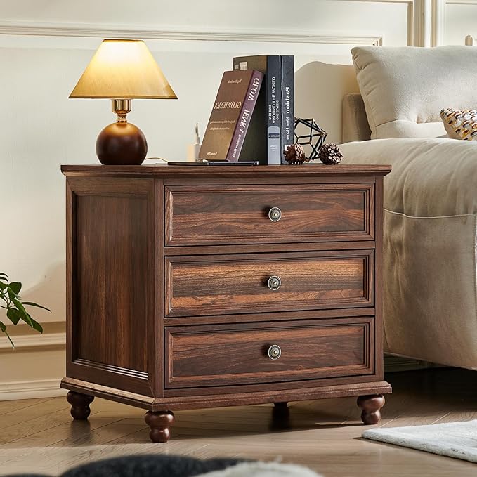Farmhouse Nightstand with Charging Station, 24" Wide End Table with 3 Drawers,Wood Dresser Cabinet for Bedroom, Bed Side Table Chest of Drawers,Night Stand for Living Room, Closet,Brown