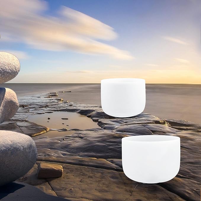 Ryan Dvan Crystal Singing Bowl Set of 2 7" F Note, 8" A Note with Case Suede Striker & O-Ring Sound Therapy for Yoga, Reiki, Chakra Healing Energy Tuning & Mindfulness Kit