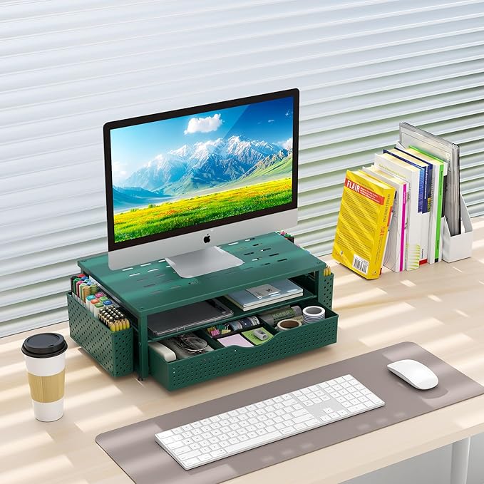 gianotter Desk Organizers and Accessories, Monitor Stand with Drawer and 2 Pen Holder, Desktop Organizer Suitable for Offices and Dormitories (Green)