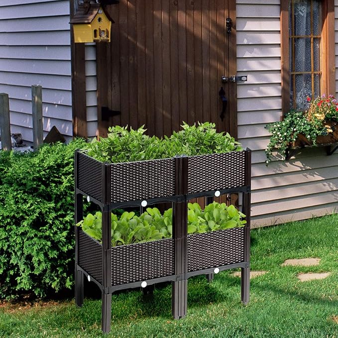 S AFSTAR Raised Garden Bed Kit, Set of 4, Elevated Planter Boxes with Self-Watering Design & Removable Legs, Outdoor Plastic Planter Box for Patio Yard Balcony Gardening, Rattan Pattern (Brown)