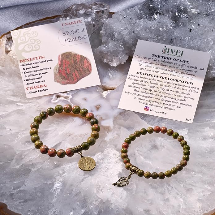Bivei Natural Semi Precious Gemstone beads bracelet for women - Life Tree and Leaf Charm Energy Reiki Crystal Stretch Bracelets