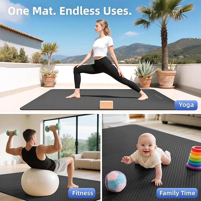 Thick TPE Yoga Mat 72"x48" - 6/8/10/12mm Extra Cushion for Joint Support & Comfort, Non-Slip Texture, Durable & Waterproof, Includes Bag, Strap & Towel for Home Workout, Pilates & Yoga