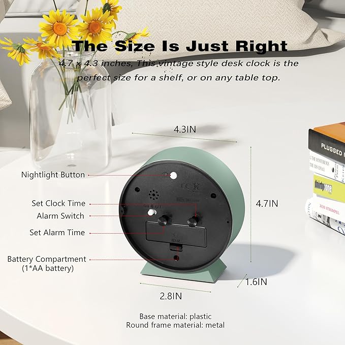 AYRELY® 4.5" Analog Alarm Clock,Small Retro Desk Clock Battery Operated,Slient Metal Table Clock with Light for Living Room Decor,Bedroom,Bedside,Shelf (Green)