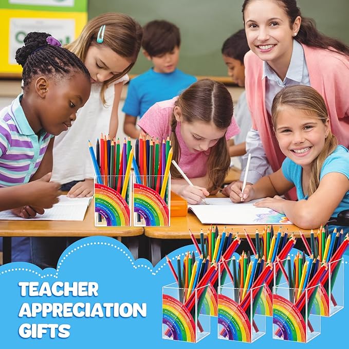 Sherr 5 Pcs Pencil Shaped Pen Holders, Acrylic Pencil Organizer Cups, Cute Creative Stationery Storage, Appreciation Gifts for Teacher Student School Classroom Office Home Desktop Supplies (Rainbow)