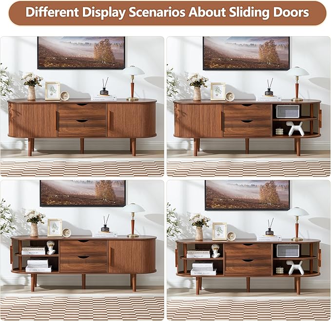 TV Stand, Media Console Table with Sliding Door and Storage Compartment, Modern Entertainment Center with Storage for Living Room, Bedroom, Home Office (Walnut with 2 Drawers)