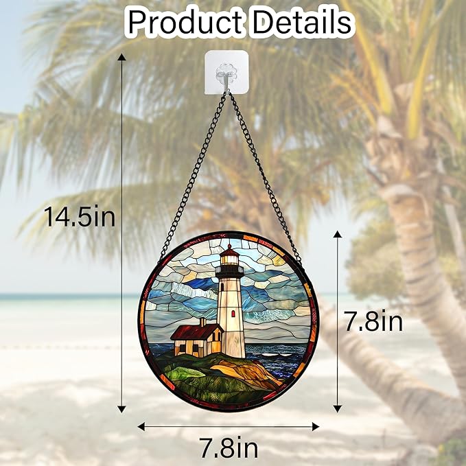 Stained Glass Window Hanging, Ocean Lighthouse Sun Catchers Glass Panel Blue Green Suncatcher Decor for Birthday for Women, Men, Wife, Aunt, and Mom 7.8 in