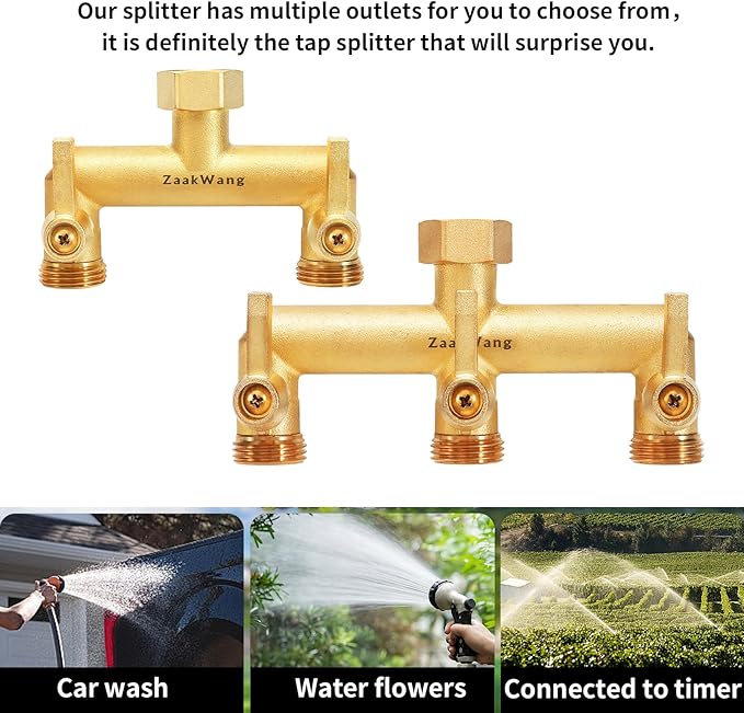 Heavy Duty Brass 3-Way Garden Hose Splitter with Metal Shutoff Valve and Long Handle Outdoor Faucet Diverter, 3/4’ GHT Threads