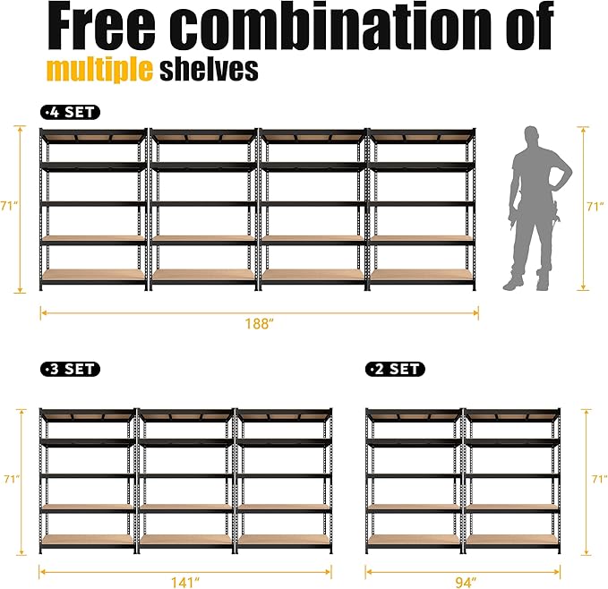 PrimeZone 4 Pack Heavy Duty Adjustable 5 Tier Garage Storage Shelves - 47" W x 18" D x 71" H, Metal Utility Rack Shelf Unit for Warehouse, Pantry, Closet, Kitchen, Black