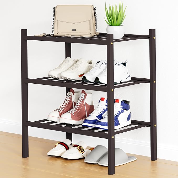 Smiry Shoe Rack, 3 Tier Small Bamboo Shoe Organizer, Stackable Free Standing Wooden Shoe Storage Shelf for Closet, Entryway, Front Door Entrance, Brown