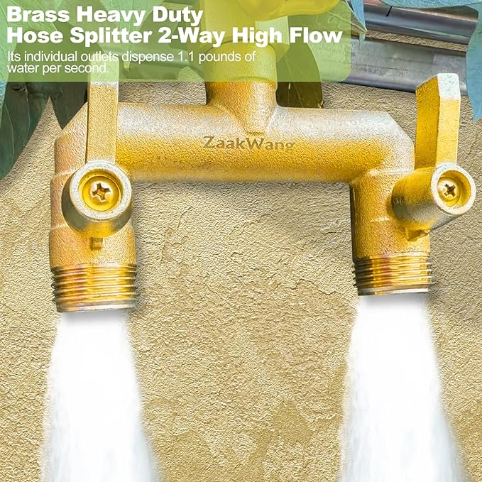 Heavy Duty Brass Garden Hose Splitter 2 Way - Upgrade Full Flow Hose Bib Adapter with Water Shut Off Valves and Long Metal Handles, Rust and Frost Resistant Outdoor Faucet Diverter
