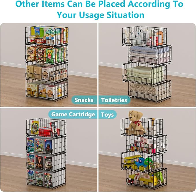 4-Tier Sliding Closet Organizers and Storage Shelves, Stackable Closet Shelf Organizer Basket Bins, Drawer Shelf Storage Container for Wardrobe Cupboard Kitchen Bathroom Office, Black