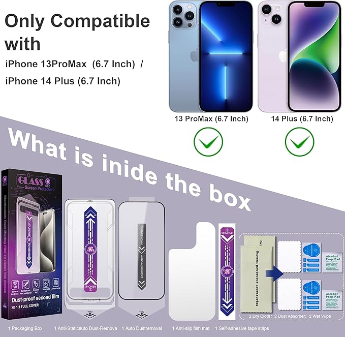 2 Pack Screen Protector for iPhone 13 Pro Max/iPhone 14 Plus, 9H Tempered Glass, Full Coverage, Anti-Fingerprint, Auto Dust-Elimination, No Bubble, Easy Installation