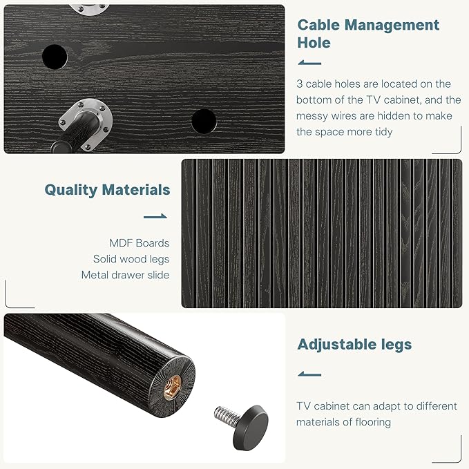 Alohappy 69" Mid Century Modern TV Stand with Power Outlet, Farmhouse Curved Edge TV and Media Console Table with Drawer and Shelf, Fluted Entertainment Center for Living Room, Bedroom, Black