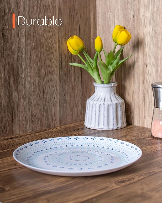 10.5 inch Dinner Plate Set of 6, Lightweight Round Opal Glass Dinnerware Plates, Dishwasher and Microwave Safe, Navy Geometric Floral Mandala Pattern