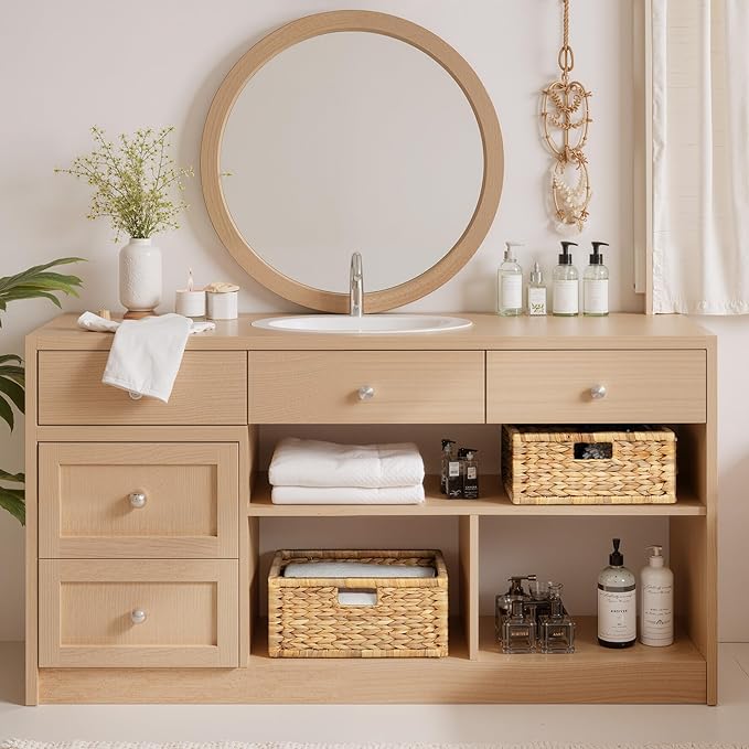 StorageWorks Wicker Basket for Organizing, Pantry Organizer with Wooden Frame, Water Hyacinth Storage Basket for Shelves