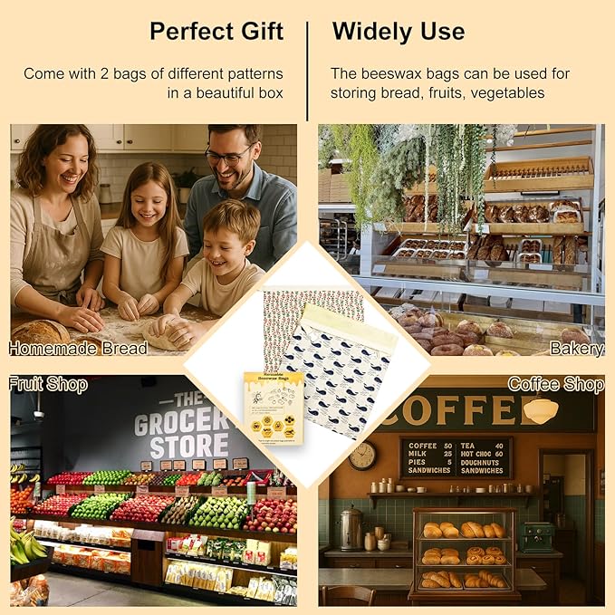 Reusable Beeswax Bread Bags for Homemade Sourdough: XL 13x17in (2 Pack) Eco-Friendly Plastic-free Food Storage | Moisture Lock Technology, Sustainable Fresh Food Preservation Solution