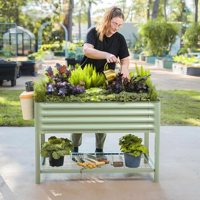 Elevated Raised Garden Bed-V Series, 2' x 4' Garden Beds with Legs & Storage Rack for Patio Porch, 700 Lbs Weight Capacity, Outdoor Planter Boxes for Gardening Herbs Vegetables Flowers, Olive Green