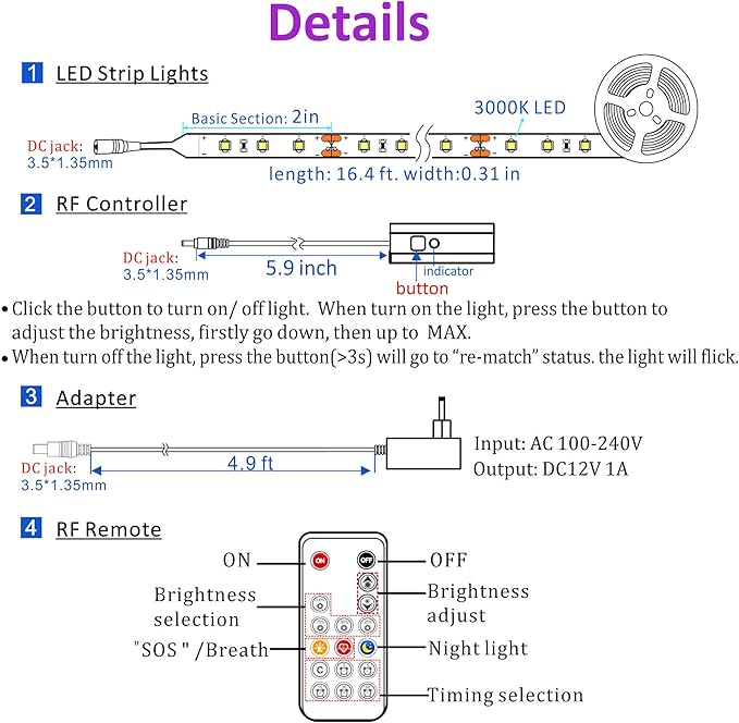 WOBANE Warm White LED Strip, Dimmable LED Light Strips with RF Remote and ETL Listed Adapter, 16.4ft Flexible Tape Lights for Kitchen,Under Cabinet,Bedroom, 3000K,300 LEDs Rope Light
