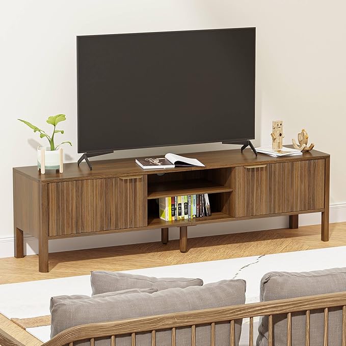 Wood TV Stand, Mid Century Modern Entertainment Center with Storage, TV Table with Fluted Door Cabinets and Open Adjustable Shelves for Livingroom, Bedroom, Walnut