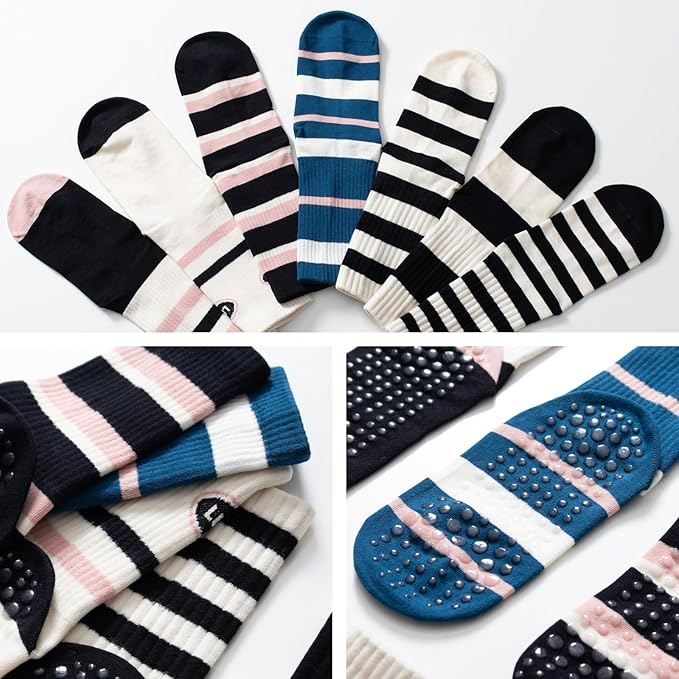 Yoga Pilates Socks with Grips for Women Non Slip Striped Cushioned Crew Socks for Barre Ballet Dance