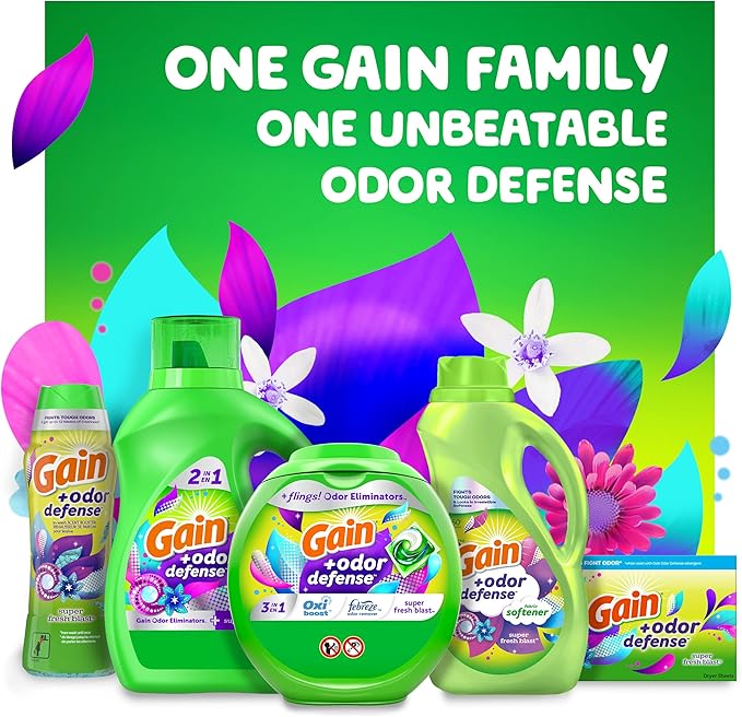Gain + Odor Defense Liquid Laundry Detergent Super Fresh Blast Scent 154 fl oz 107 Loads HE Compatible (Pack of 2)