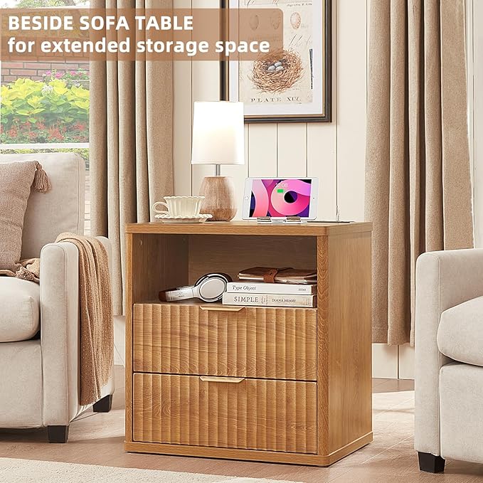 LEYAOYAO Fluted Farmhouse Nightstand Set of 2 with Charging Station, 23" Wide 2 & 3 Drawers Large End Table with Metal Handle, Brown Night Stand Bedside Table, Wood Dresser for Bedroom,Closet