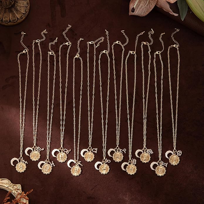 Gold Zodiac Sign Embossed Coin Opal Crescent Moon Charm Necklace for Women Trendy 18K Gold Plated Retro Paperclip Chain 12 Constellation Horoscope Necklaces Astrology Jewelry Gifts