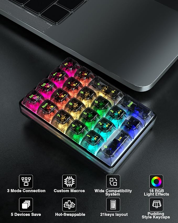SOLAKAKA K21 RGB Backlit Tri-Mode Transparent Wireless Mechanical Number Pad Supports 3 BT/2.4GHz/Type C Wired,Hot Swappable 21 Keys Mechanical Numpad with Transparent Keycaps Black