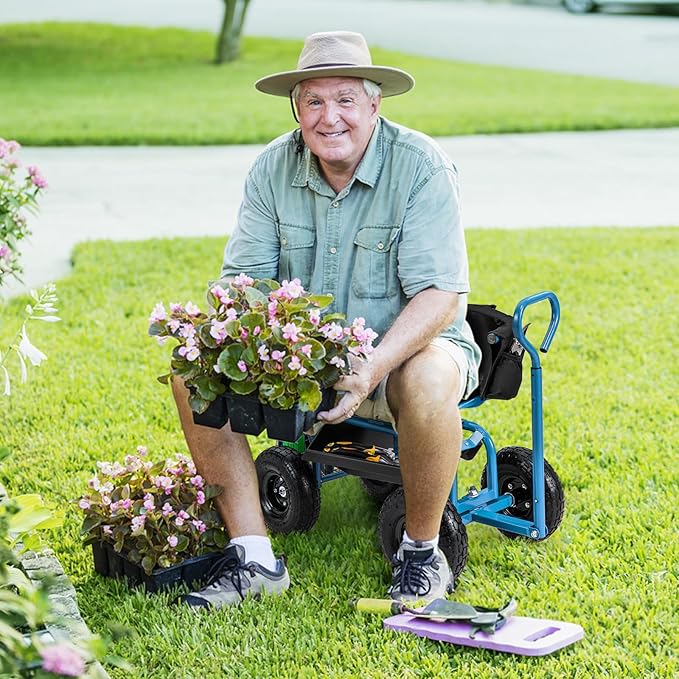 Goplus Garden Seat with Wheels, Rolling Gardening Stool with Adjustable 360° Swivel Seat, Tool Tray & Storage Basket, Extendable Handle, Outdoor Gardening Scooter, Garden Cart Workseat for Seniors