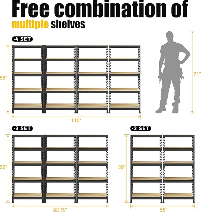 PrimeZone Storage Shelves, 27.5" W X 12" D X 59" H Adjustable Metal Heavy Duty Garage Shelving Unit, 5 Tier Industrial Standing Utility Rack Organizer for Warehouse, Pantry, Kitchen, Basement, Black
