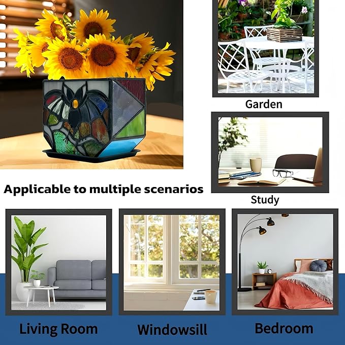 Stained Glass Bat Planter with Drainage Holes, Cute Planter Pots for Indoor Plants, Halloween Stained Glass Bat Decor, Bat Suncatcher Flower Pot, Bat Gifts 4.6x5.15x3 in