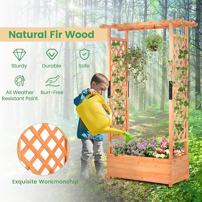 MAT EXPERT Raised Garden Bed with Trellis & Hanging Roof, Lattice Panel with Drainage Hole for Flower, Climbing Plant, Herb, Planter Box for Garden, Patio, Yard (1, 43.5" x 17.5" x 72" (L x W x H))