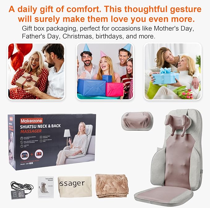 4D Shiatsu Neck Back Massage Cushion w/Heat for Pain Relief - Kneading Back Massager w/Vibration & Dual Necks Head for Relieves Muscle Stiffness from Long Sitting for Office Home Use, Brown
