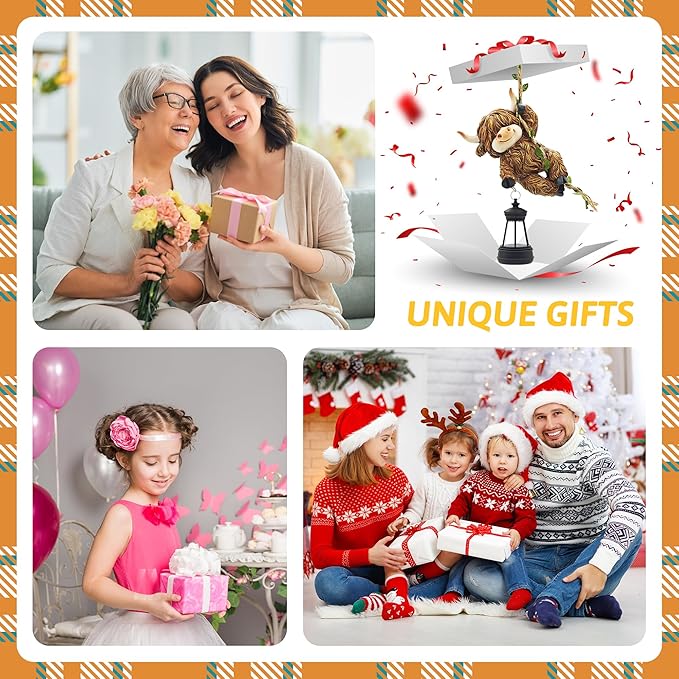 Hanging Highland Cow Decor: Garden Cow Statues with Solar Lantern Tree Decorations for Outdoor Yard Lawn Patio Porch Ideal Gardening Gifts for Mom Grandma Women