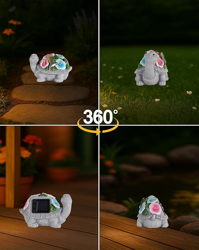 Solar Turtle Figurine Lights with Hummingbird Flower 5.5-inch – Garden Statue for Outdoor Yard Decorations, Lawn Ornaments, Balcony Decor – Ideal Gift for All Occasions (Turtle)