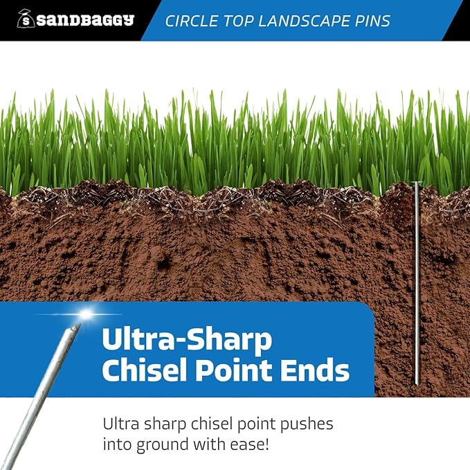 Sandbaggy 12-inch Circle Top Pins - Landscape Staples (Galvanized) - Garden Stakes for Landscaping, SOD - Heavy Duty Ground Stakes, Lawn Turf Spikes, Christmas Decorations, Weed Mats (300 Pins)