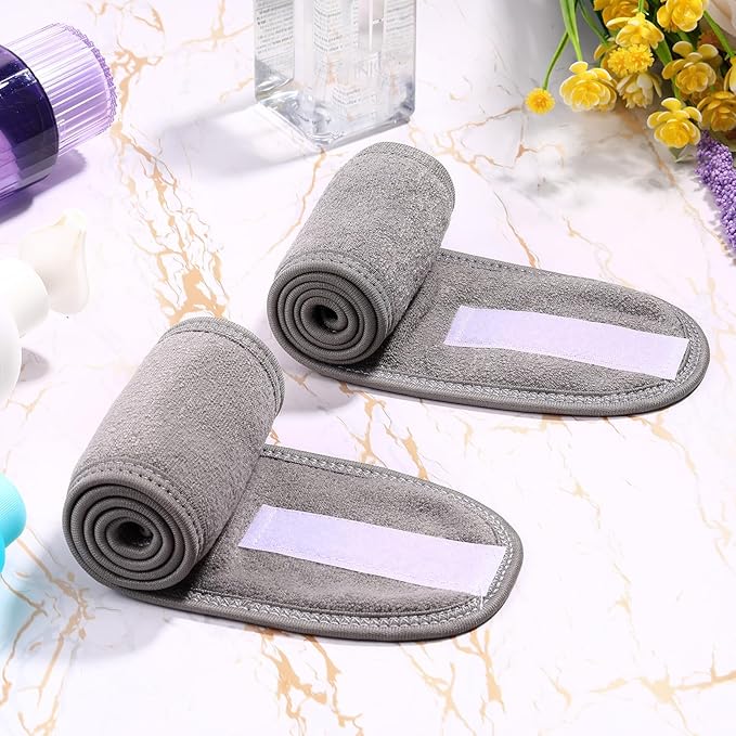 Hoteam 30 Pack Spa Headband Facial Esthetician Hair Wrap for Women Adjustable Makeup Sports Shower Stretch Towel with Tape(Gray)
